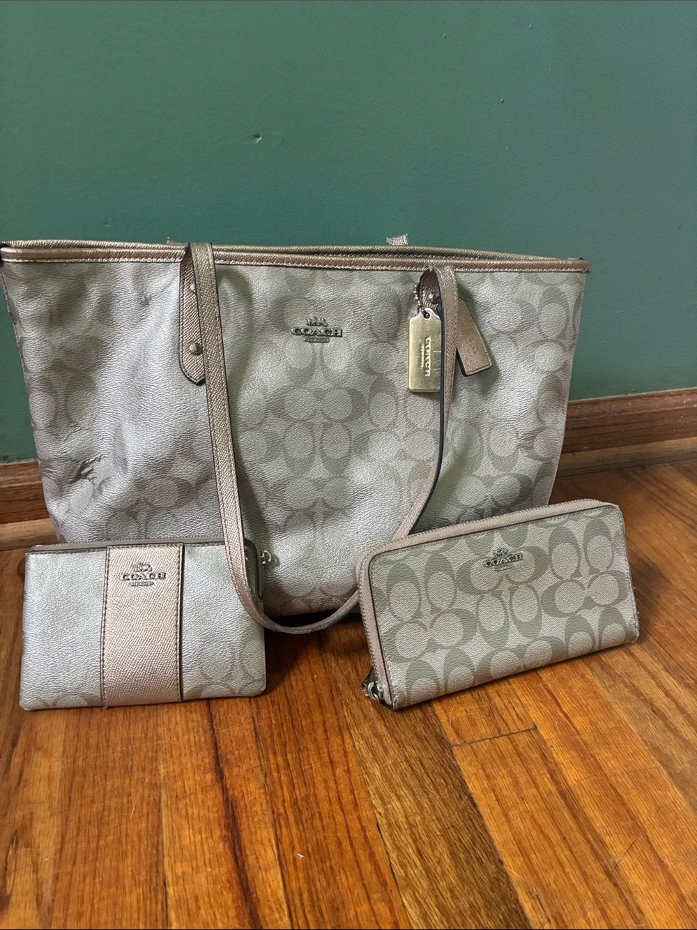 Coach Gold Copper Signature Tote with Matching Wallets